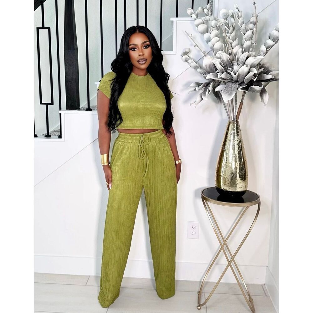 Pea Green Studded Top and Pants Set